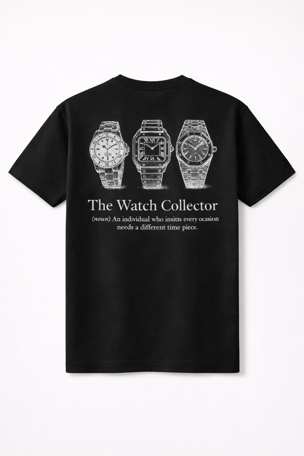 Een zwart t-shirt met een ontwerp van 3 horloges. een rolex, een audemars piquet en een cartier Santos. gemaakt voor horloge verzamelaars. 