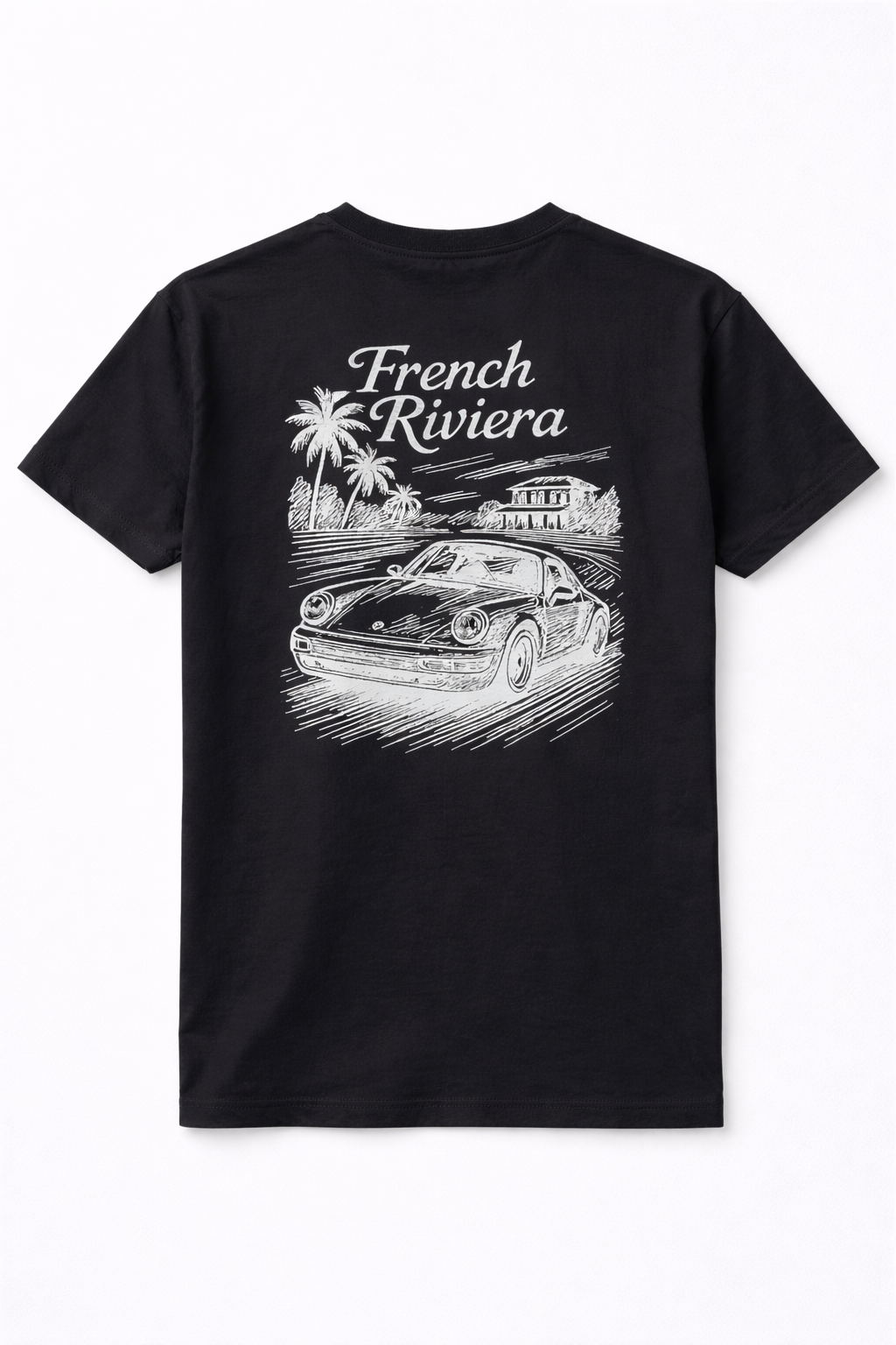 zwart losse fit t-shirt met een French Riviera geïnspireerd ontwerp. met een Porsche afgebeeld. klassieke motorsport, autosport en auto's. automotive.  verkrijgbaar in small, medium en large. premium kwaliteit.