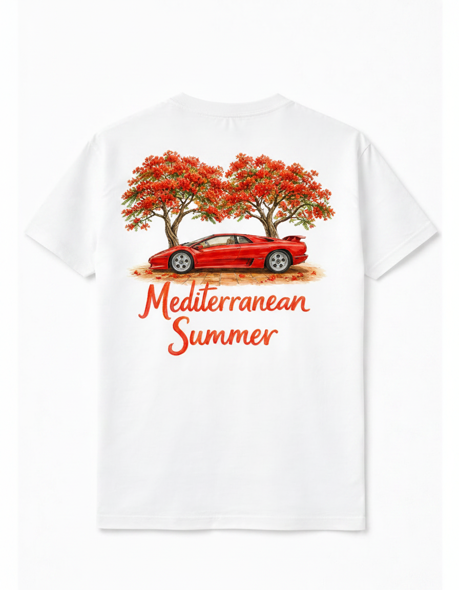 Wit t-shirt met een losse pasvorm. op de rug zien we een ontwerp van een rode Lamborghini diablo met twee mooie Indische bomen met rode bloesems. het ontwerp wekt een mediterraanse sfeer op. 