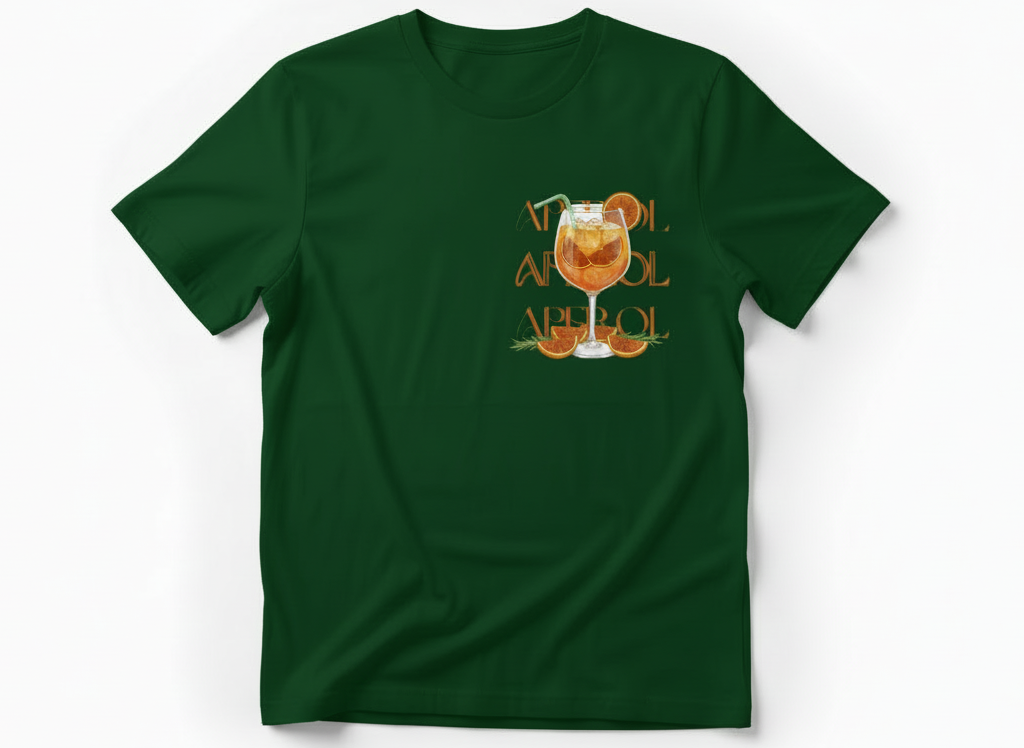 T-shirt in een donker groen kleur, met een aperol spritz zomer thema op de borst.