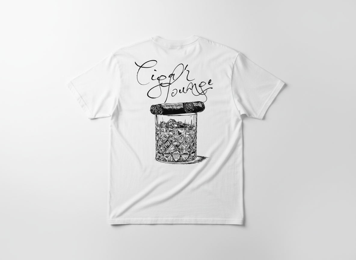 Wit t-shirt met een losse pasvorm. we zien op de rug een ontwerp met eenwhisky-glas en een sigaar, met opschrift cigar lounge. 