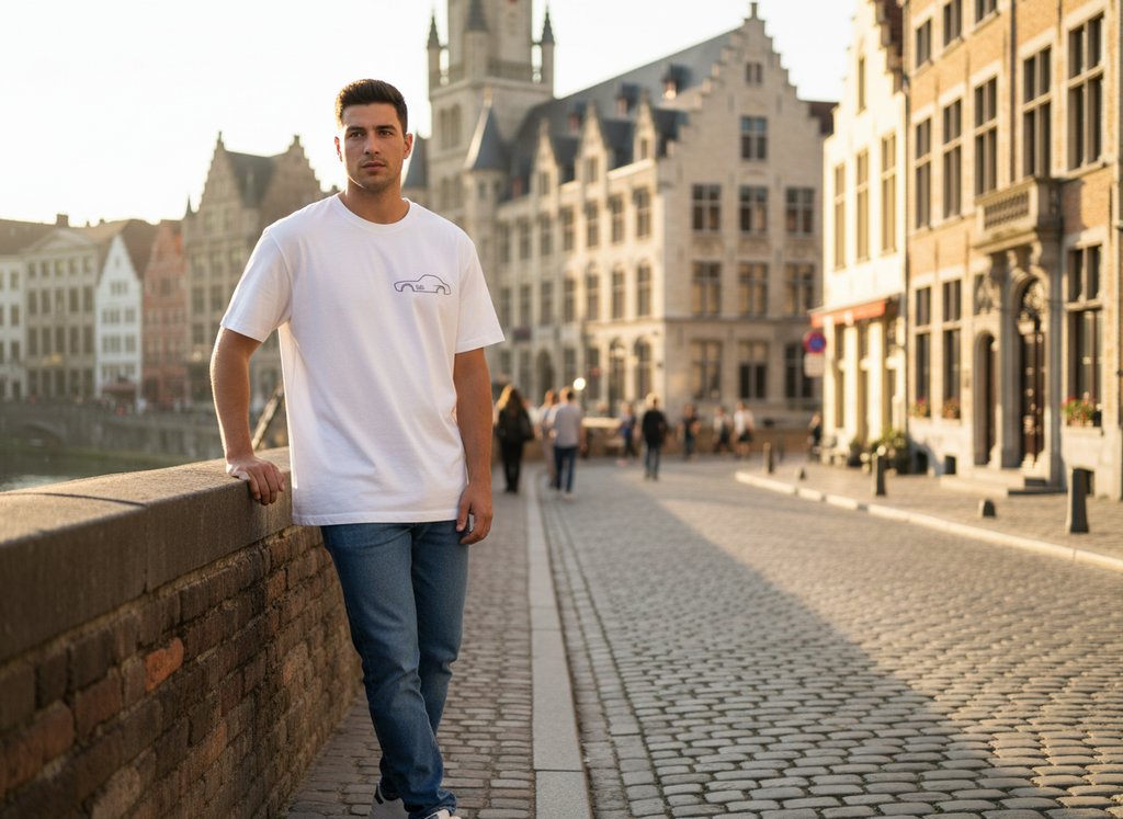 Een man draagt een wit losse pasvorm t-shirt met een eenvoudig mercedes silhouette ontwerp op de bost. 