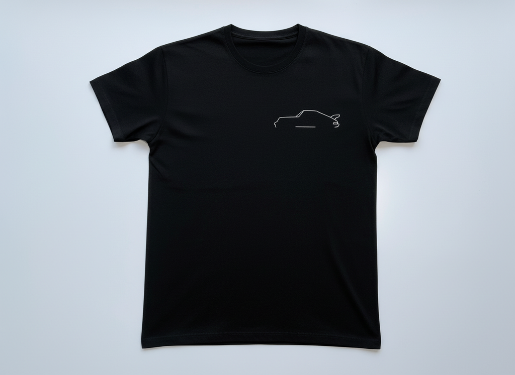 een zwart t-shirt met een losse pasvorm. we zien een minimalistisch Porsche silhouette.