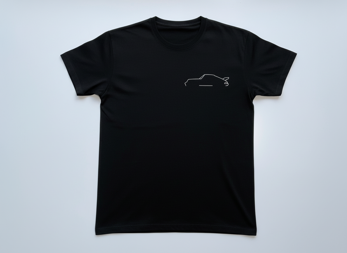 een zwart t-shirt met een losse pasvorm. we zien een minimalistisch Porsche silhouette.