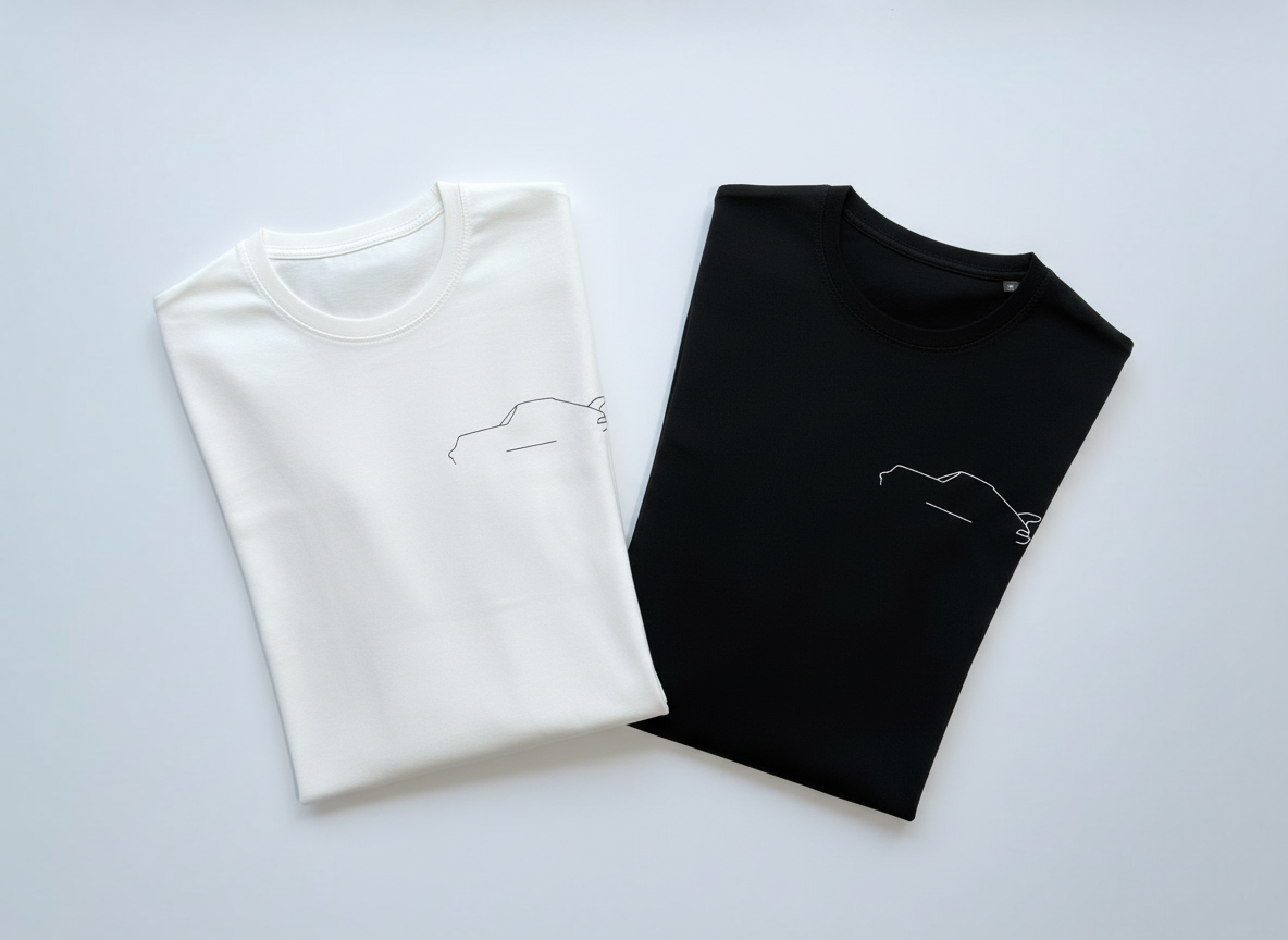 een collectie van t-shirts met een losse pasvorm. we zien een minimalistisch ontwerp van een Porsche silhouette. 