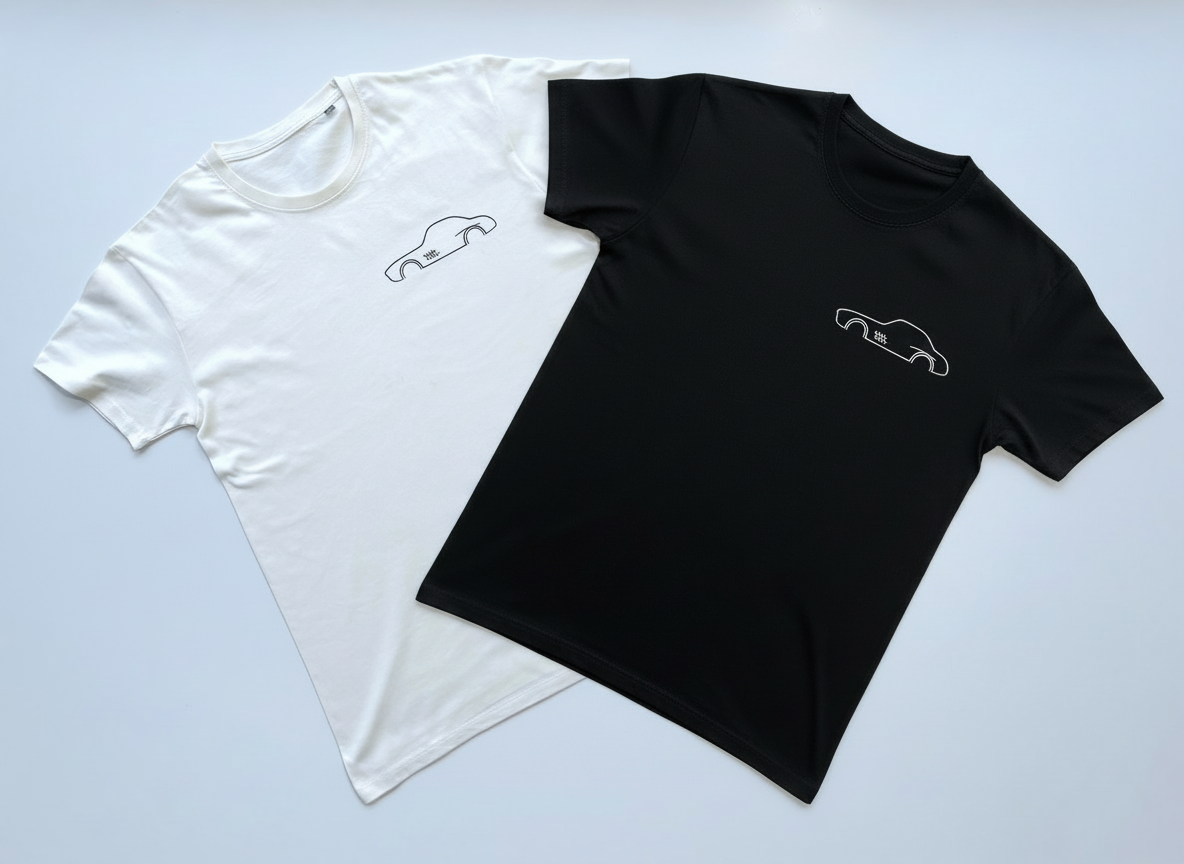 Een collectie van T-shirts met een losse pasvorm. We zien een fris minimalistisch ontwerp van een mercedes silhouette. 