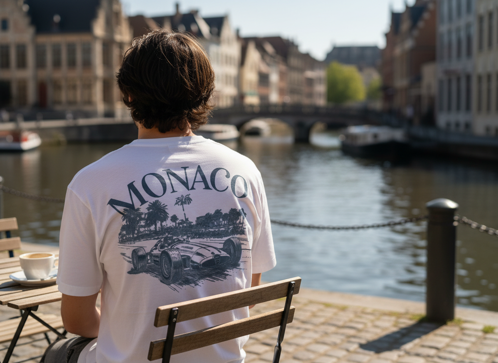 een jonge man draagt een wit t-shirt met losse pasvorm met een  donkerblauwe op autosport geïnspireerde print. We zien een oude racewagen in scene gezet in Monaco. boven de print staat in grote letters Monaco geschreven. 