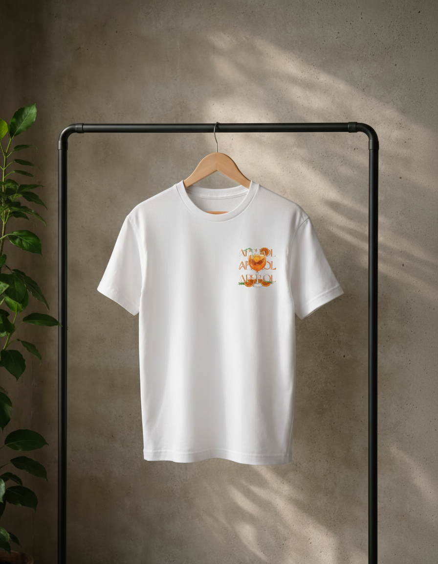 T-shirt in een wit kleur met losse fit. Met een aperol spritz geïnspireerde zomer print op de borst. 