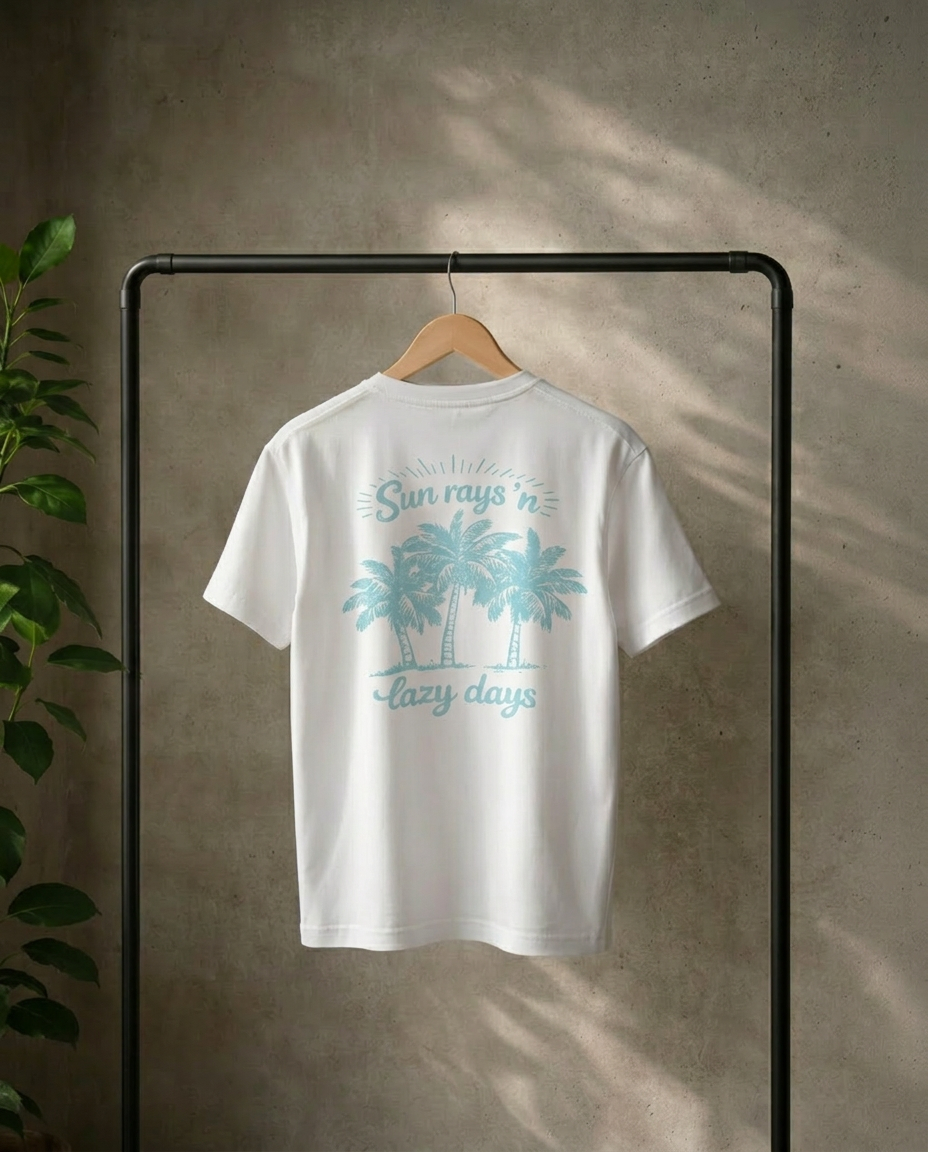 een wit t-shirt met losse pasvorm. we zien op de rug een ontwerp in lichtblauw met palmbomen en opschrift Sun rays 'n lazy days. 