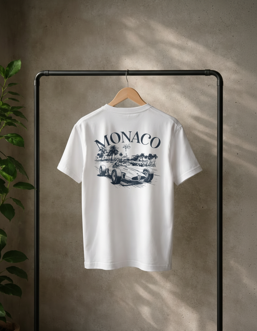 Wit t-shirt met losse pasvorm met een  donkerblauwe op autosport geïnspireerde print. We zien een oude racewagen in scene gezet in Monaco. boven de print staat in grote letters Monaco geschreven. 