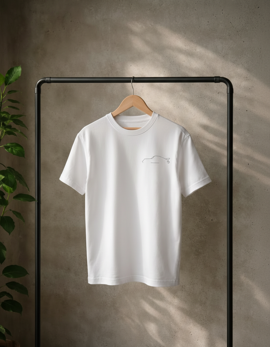 Wit losse fit t-shirt met een klassieke Porsche silhouette ontwerp. eenvoudig fris ontwerp voor elke dag.
