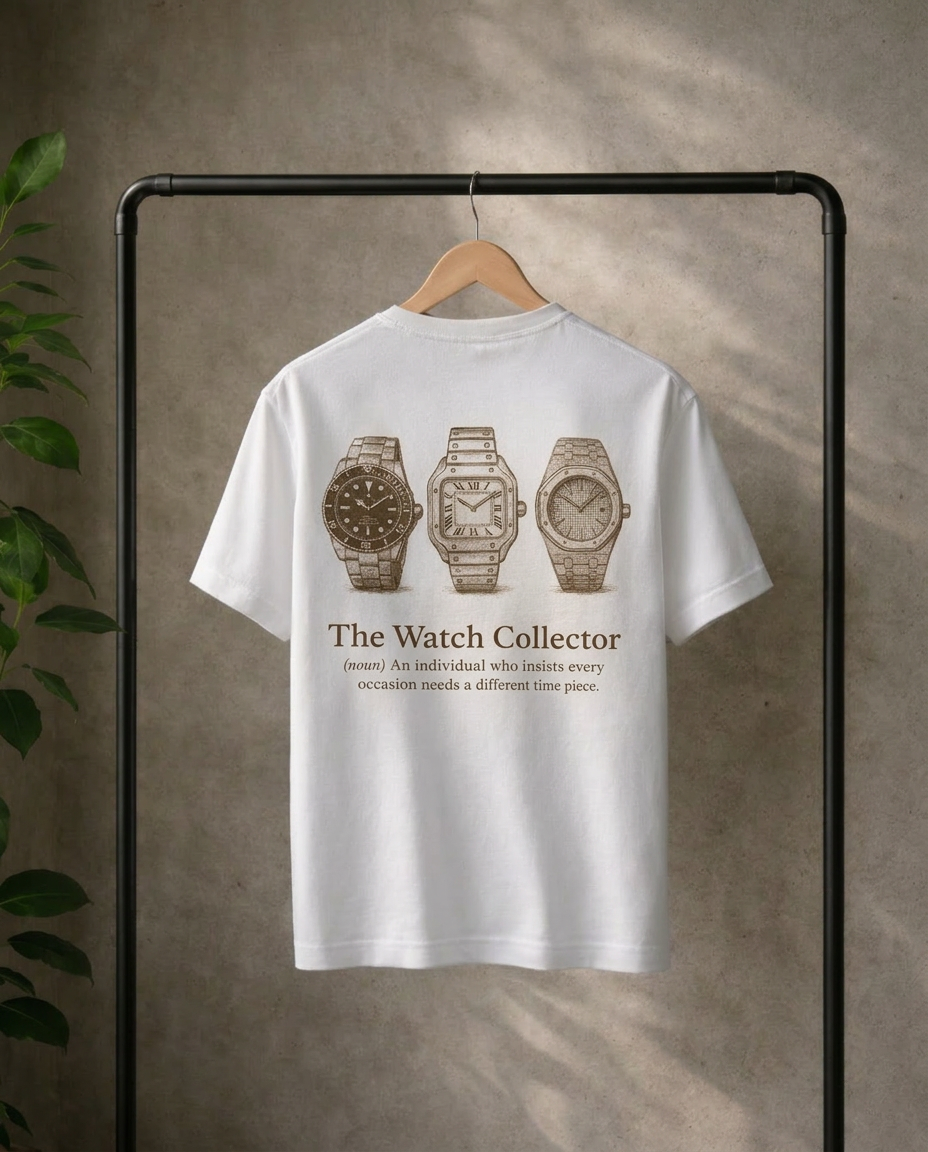 Een wit t-shirt met een ontwerp van 3 horloges. een rolex, een audemars piquet en een cartier Santos. gemaakt voor horloge verzamelaars. 