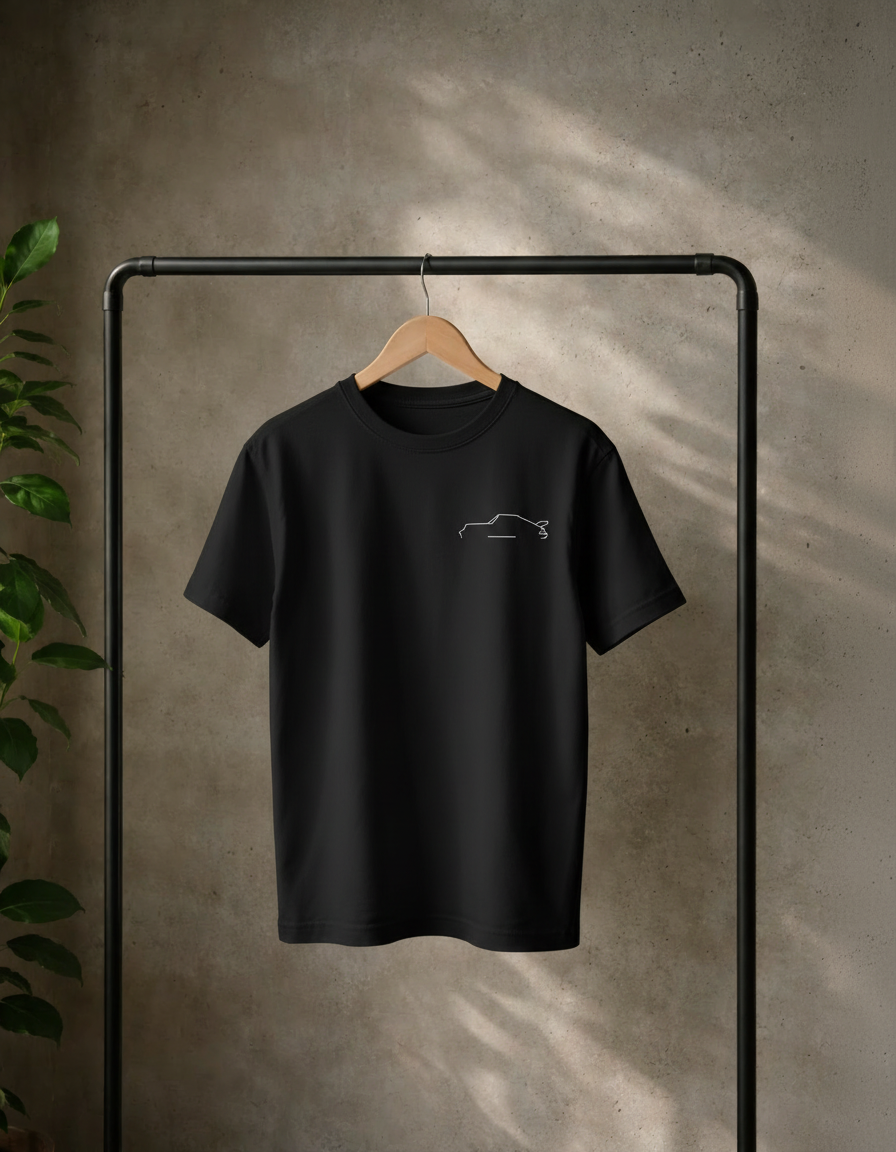 een zwart t-shirt met een losse pasvorm. we zien een minimalistisch Porsche silhouette.