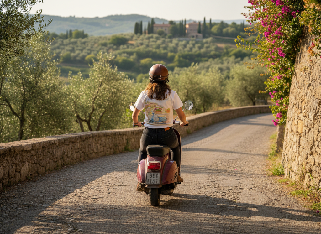 Een jonge vrouw draagt een wit t-shirt met een kleurrijke aquarel ontwerp van een blauwe vespa met een italiaanse geinspireerde achtergrond. 