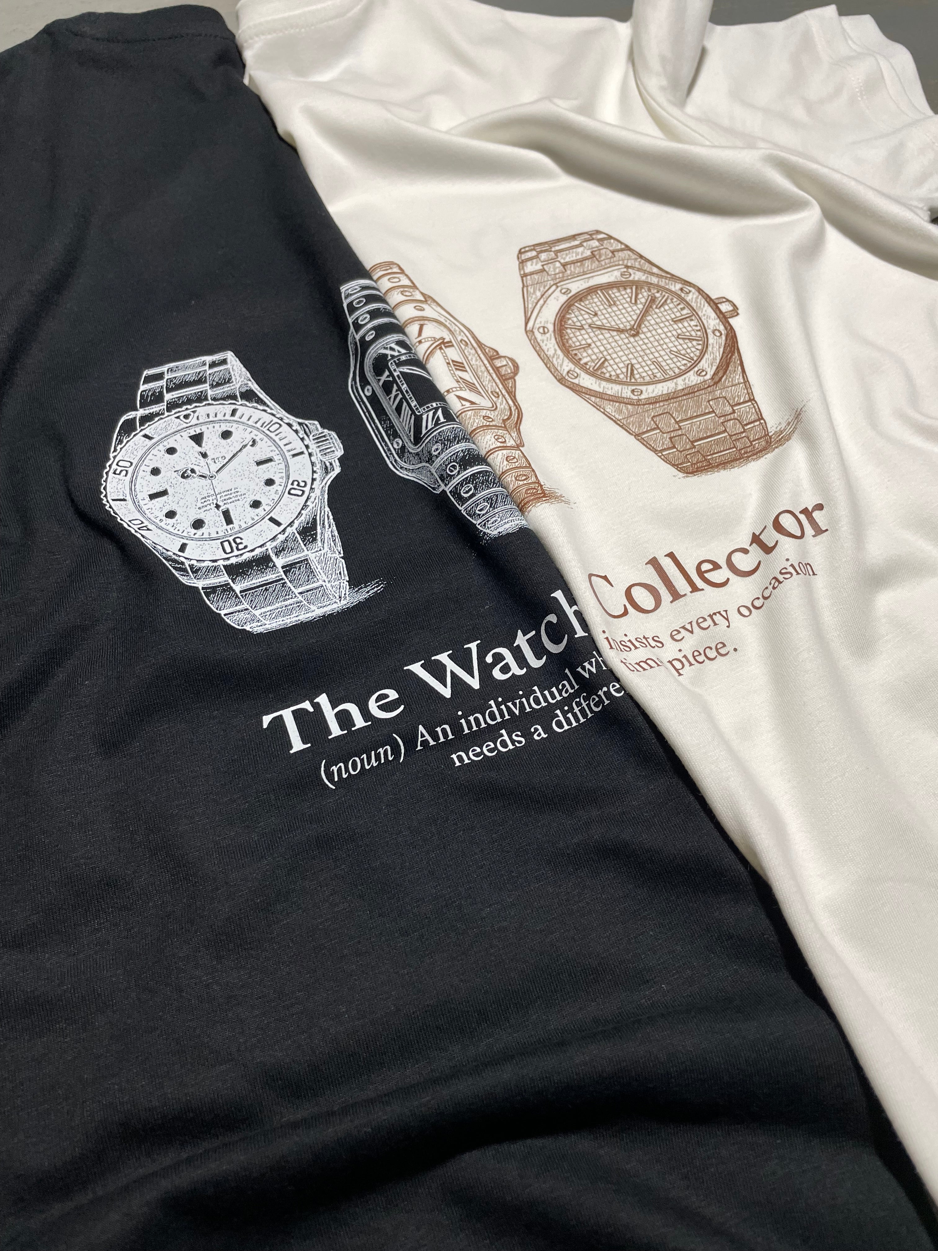 collectie van zwart en wit losse fit t-shirt met 3 horloge print op de achterkant. premium kwaliteit. verkrijgbaar in small, medium en large. 