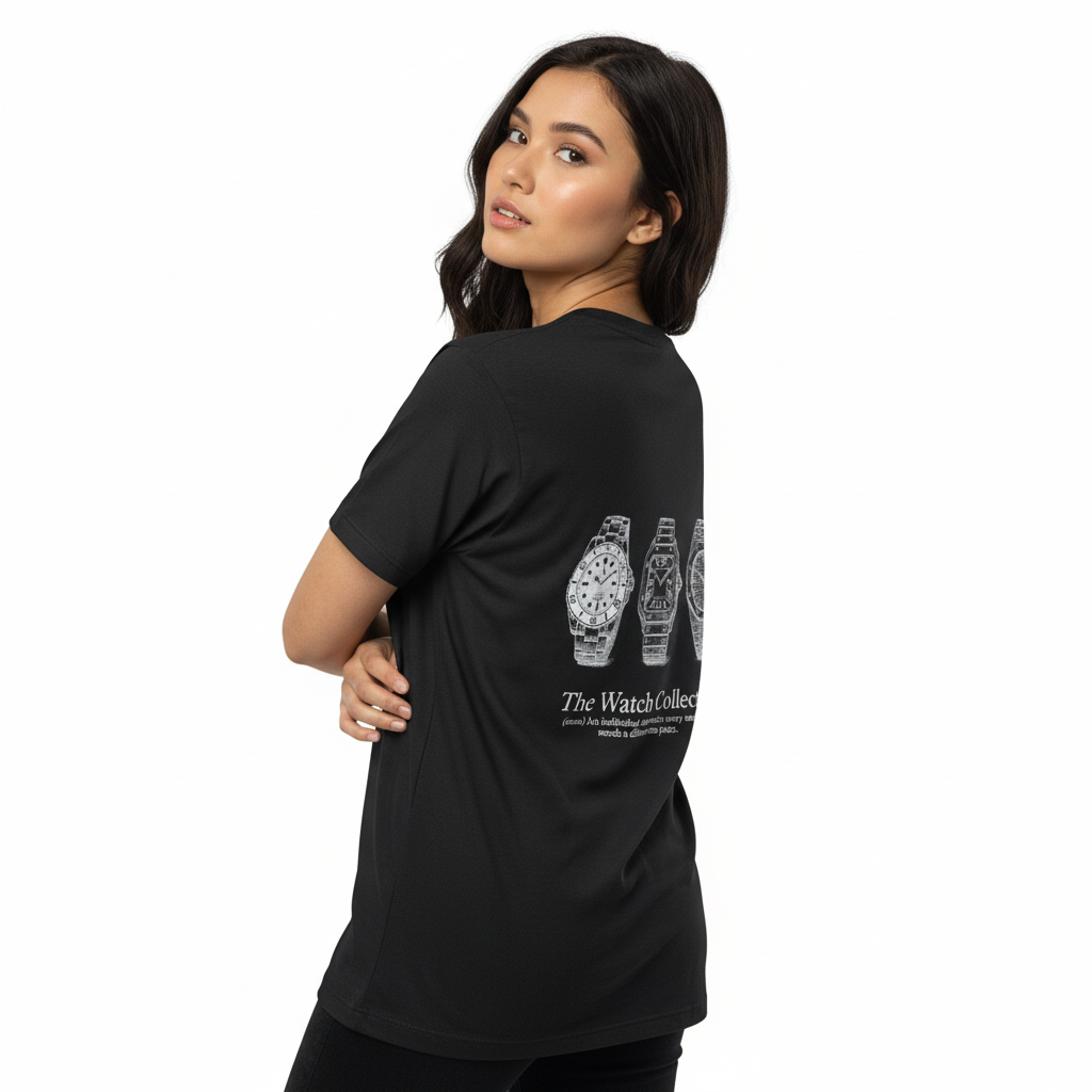 Een jonge vrouw draagt een zwart t-shirt met een ontwerp van 3 horloges. een rolex, een audemars piquet en een cartier Santos. gemaakt voor horloge verzamelaars. 
