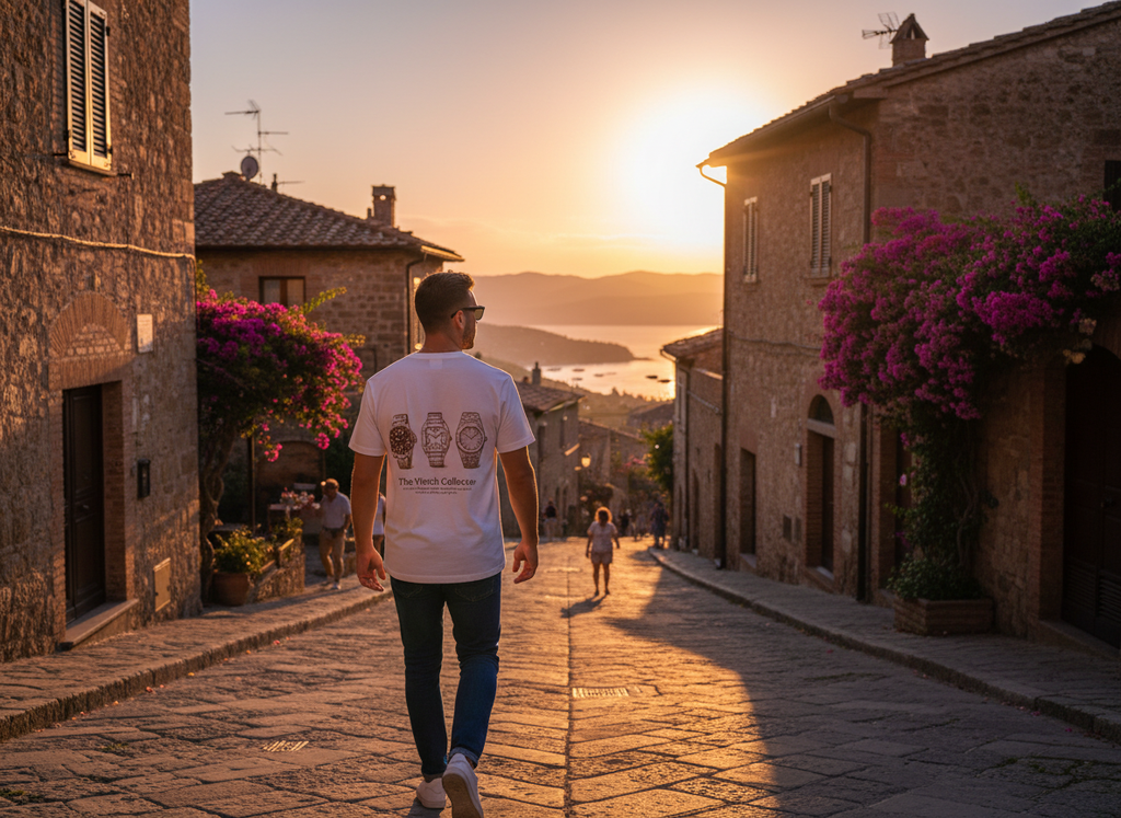 een jonge man draagt een wit t-shirt met een ontwerp van 3 horloges. een rolex, een audemars piquet en een cartier Santos. gemaakt voor horloge verzamelaars. 