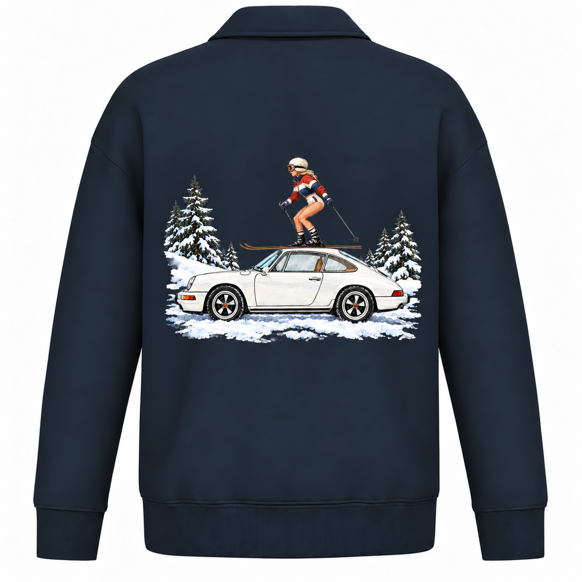 swetaer in navy kleur met ontwerp van een klassieke porsche in winterse setting met een vrouw in retro 