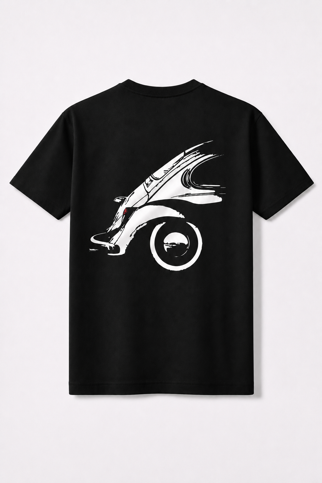zwart t-shirt met op de rug het design van een klassieke volkswagen kever silhouette op de rug. 