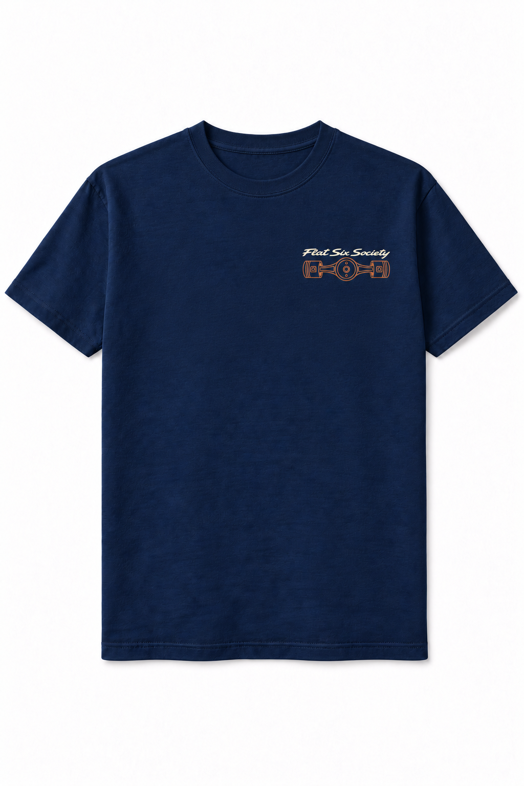 t-shirt in navy kleur met borst ontwerp van een flat six ontwerp boxermotor. 