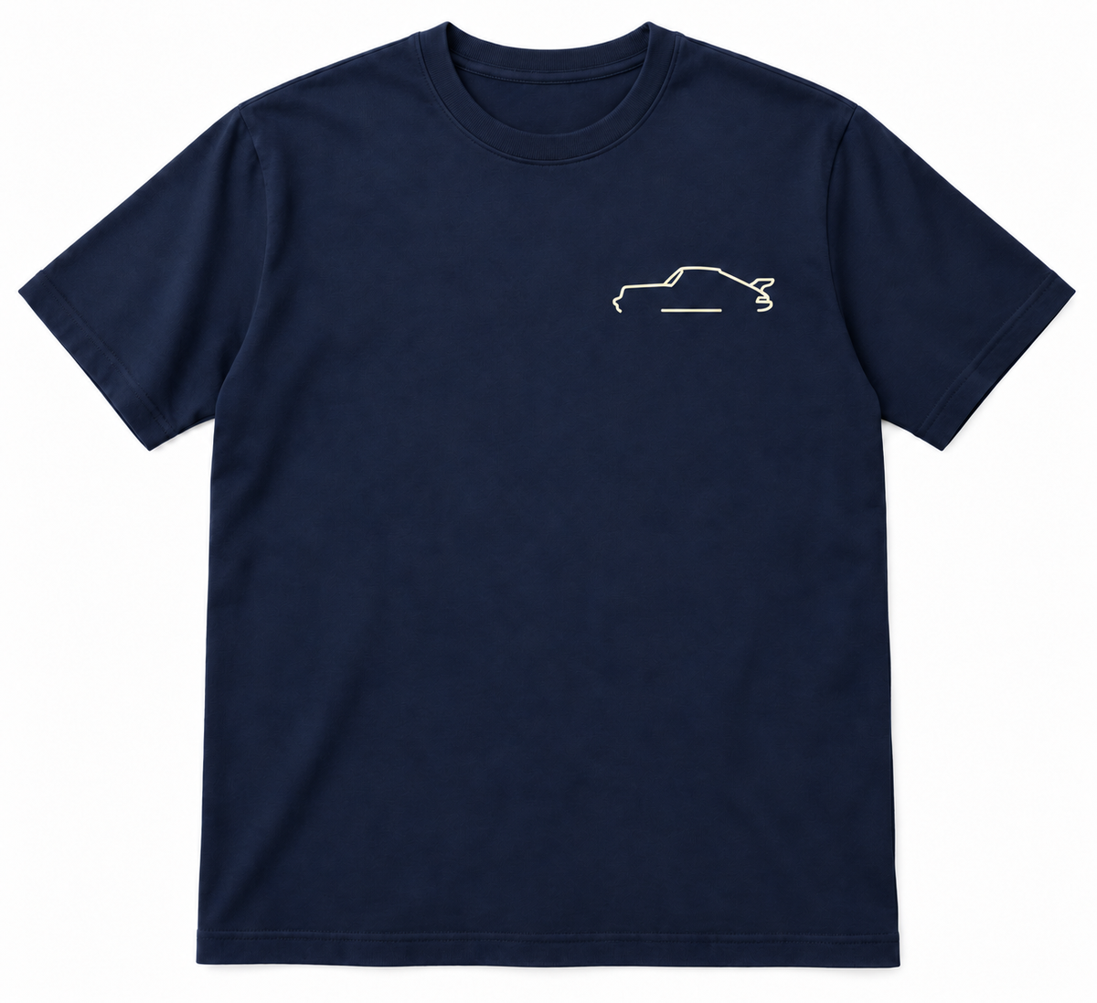 navy t-shirt met borst ontwerp van een klassieke porsche 964. 
