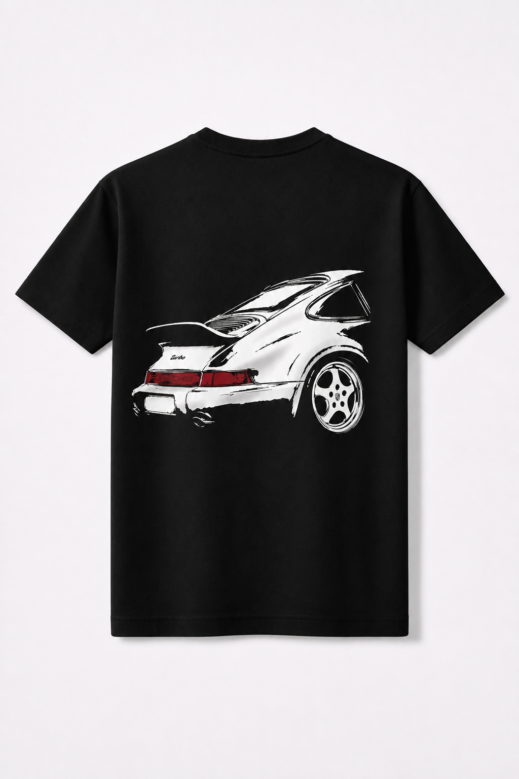 zwart t-shirt met een wit silhouette van een klassieke porsche 964 turbo op de rug. 