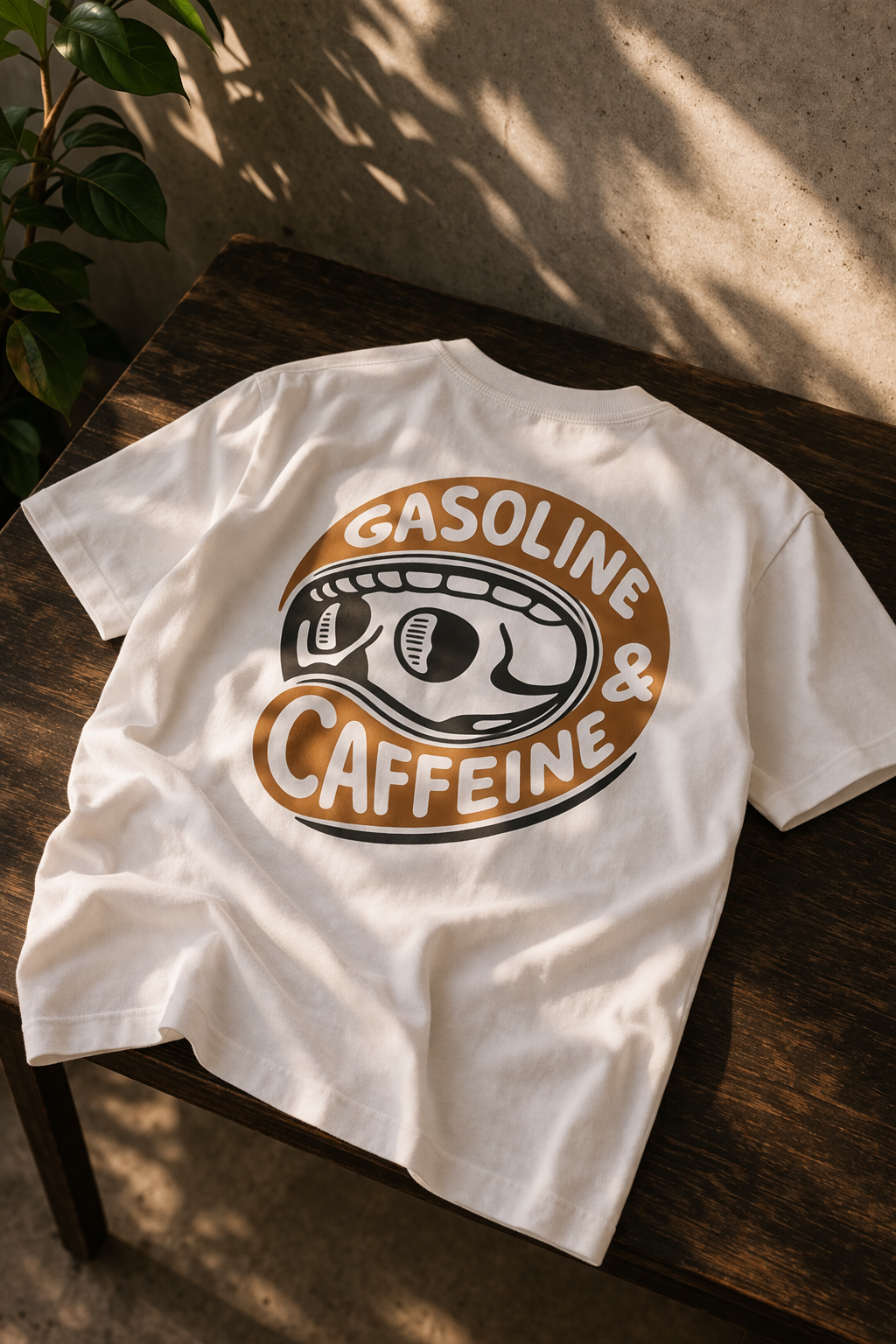 Wit t-shirt met een losse pasvorm. op de rug van het t-shirt staat een ontwerp van een motorhelm met opschrift Gasoline & caffeine. presentatie op een houten tafel en betonnen muur voor een industriële look. 