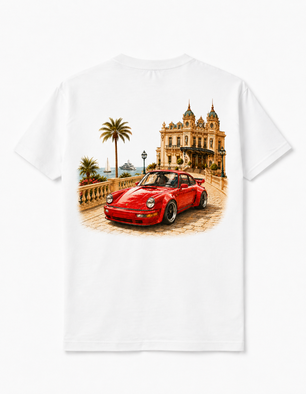 Wit t-shirt met ontwerp van het casino in monaco. een mediterraanse stijl en een felrode klassieke porsche. 