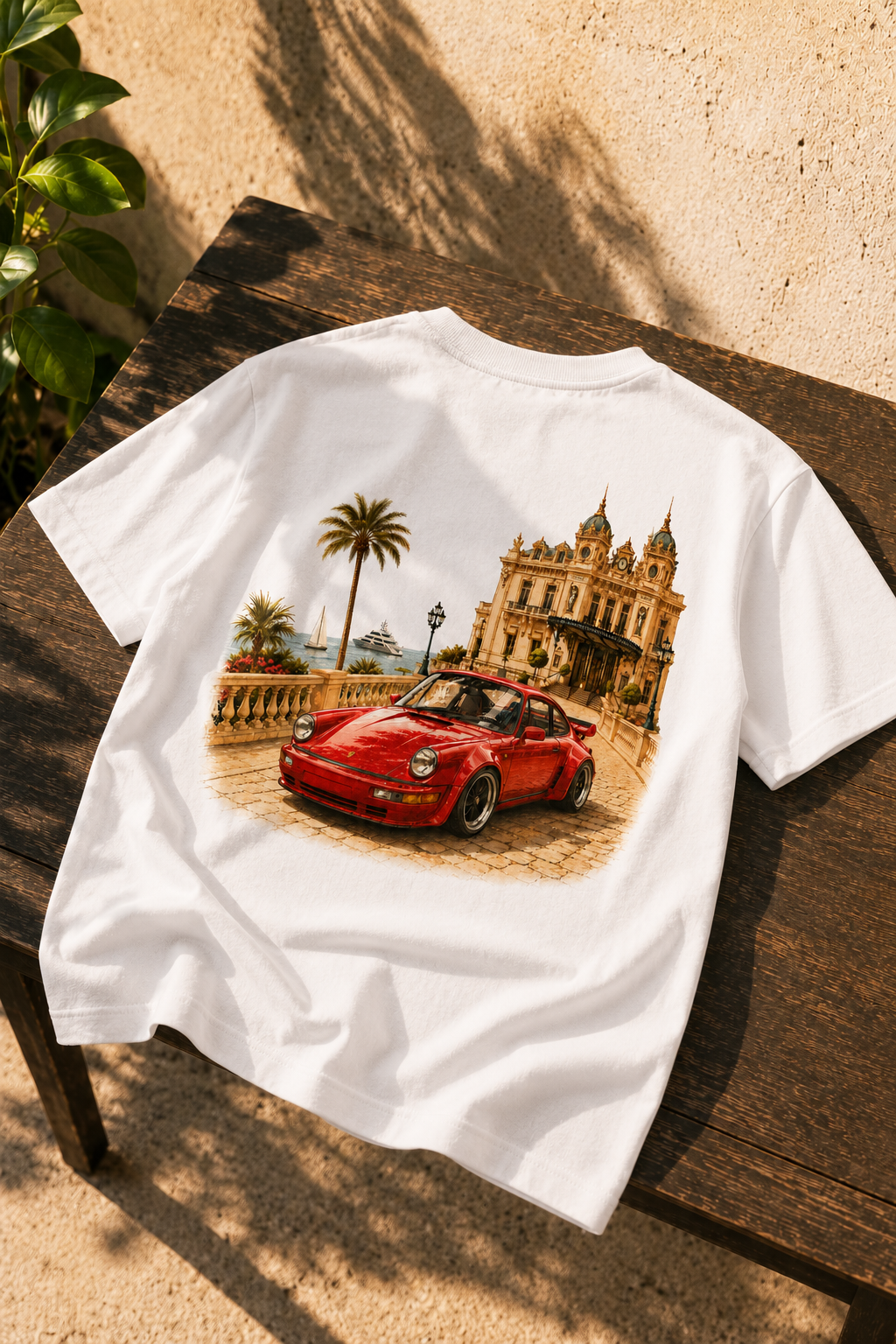 Wit t-shirt met ontwerp van het casino in monaco. een mediterraanse stijl en een felrode klassieke porsche. 