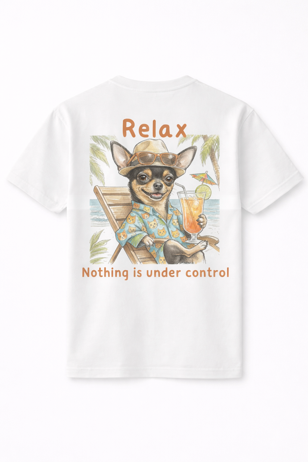 wit t-shirt met een zomerse, kleurrijke print met palmbomen. we zien een chihuahua op een strandstoel met een cocktail.