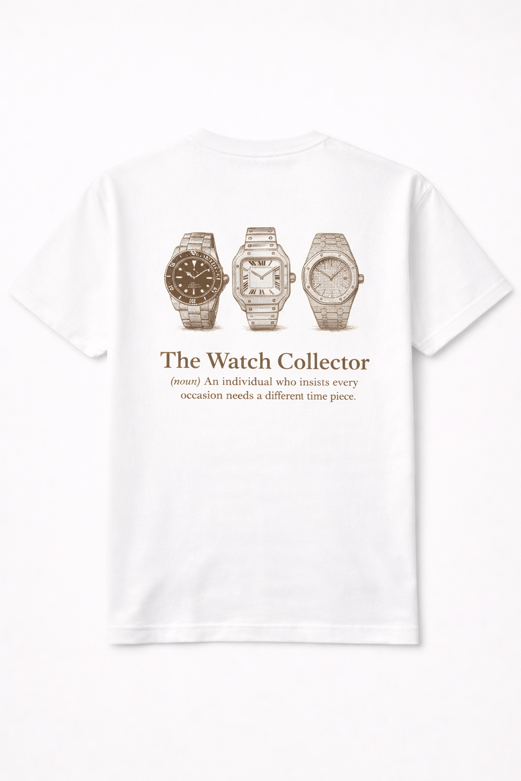 Een wit t-shirt met een ontwerp van 3 horloges. een rolex, een audemars piquet en een cartier Santos. gemaakt voor horloge verzamelaars. 