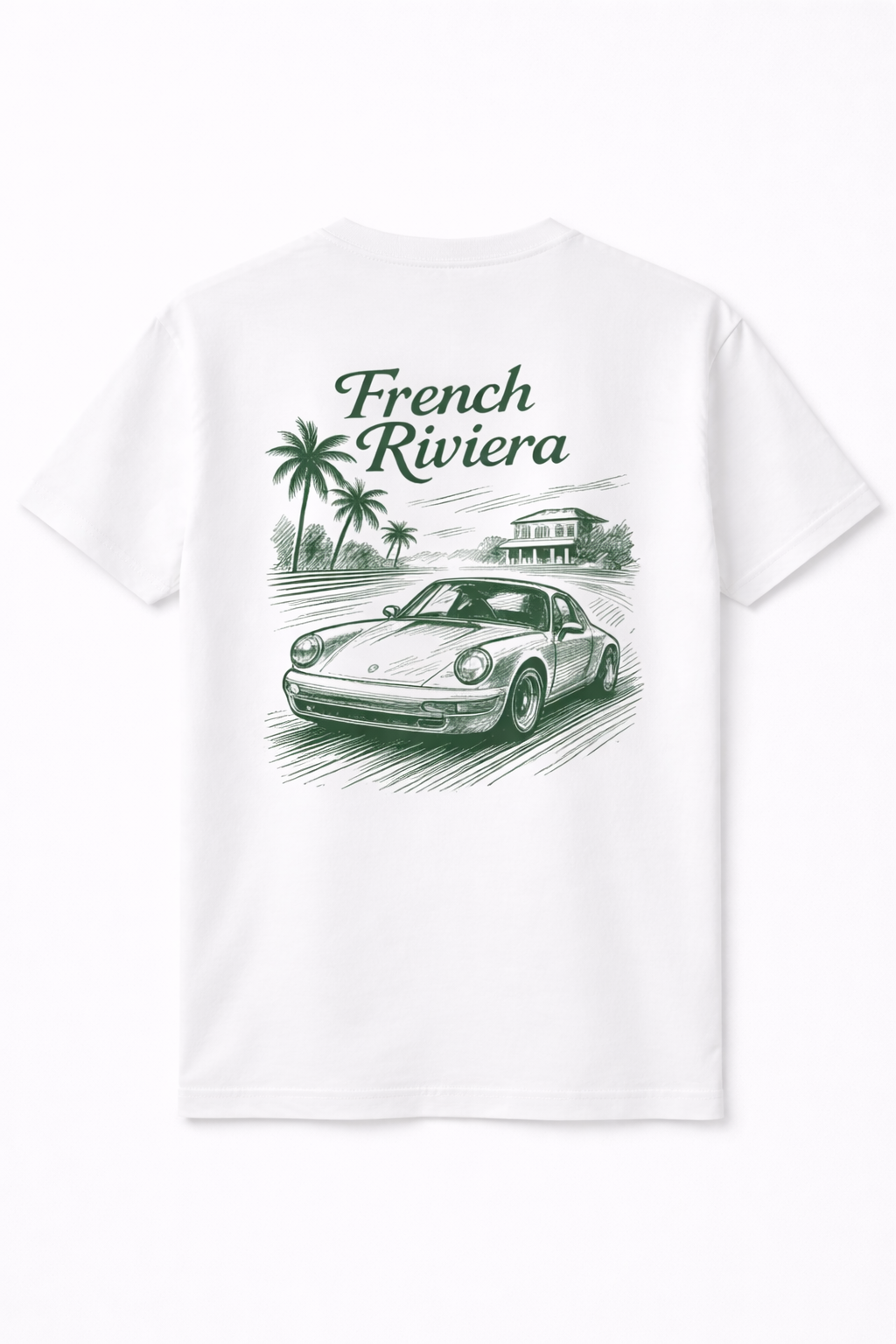 wit losse fit t-shirt met een French Riviera geïnspireerd ontwerp. met een Porsche afgebeeld. klassieke motorsport, autosport en auto's. automotive. 
verkrijgbaar in small, medium en large. premium kwaliteit. 