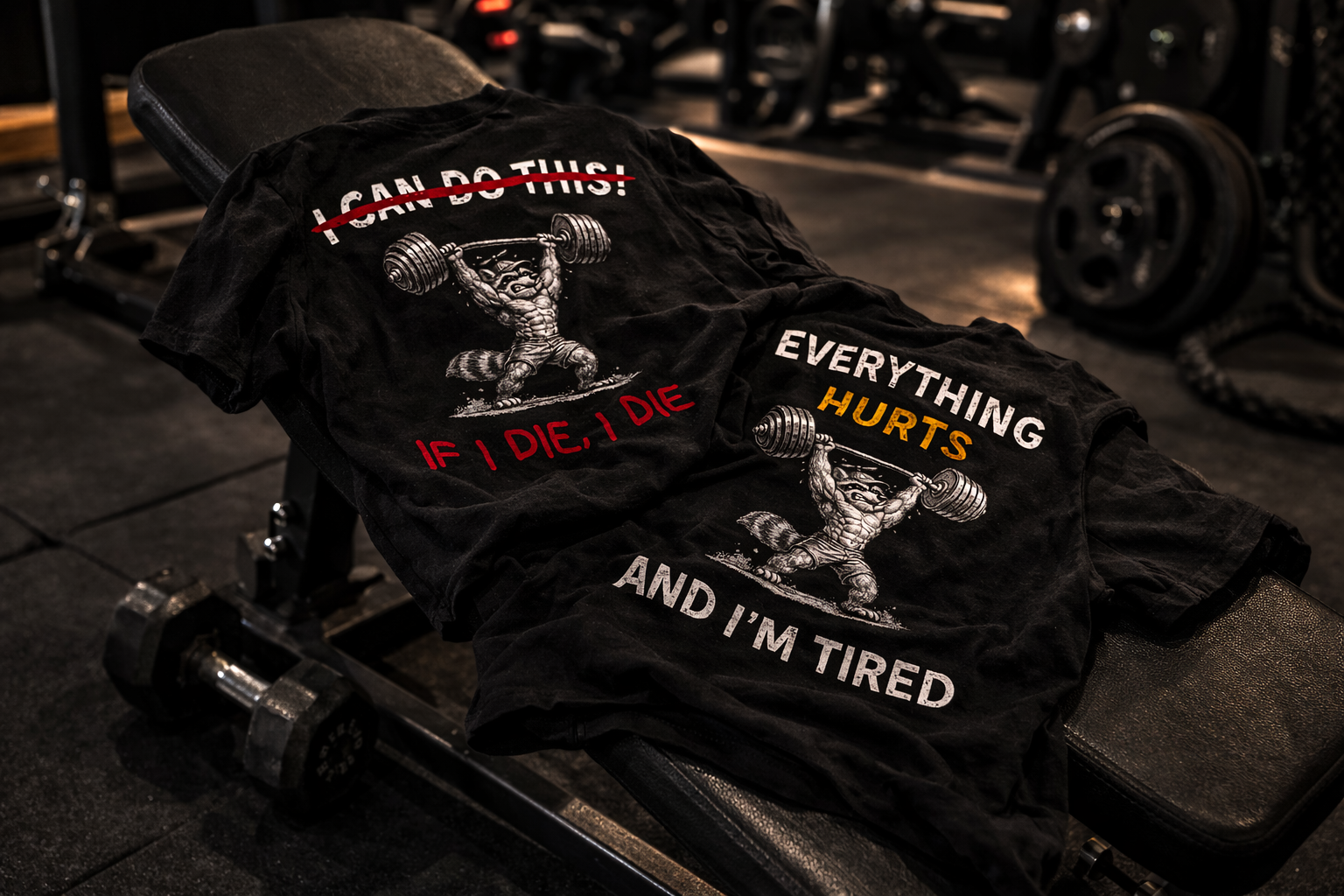 grappig zwart t-shirt met een wasbeer in de fitness met opschrift i can do this