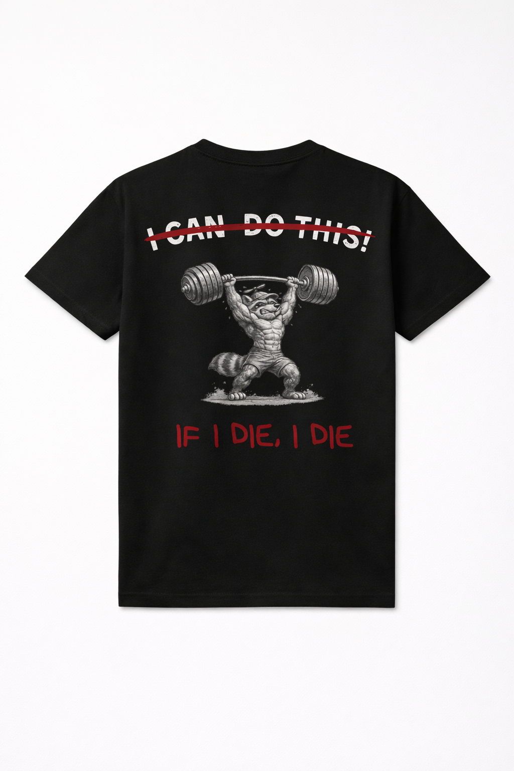 grappig zwart t-shirt met een wasbeer in de fitness met opschrift i can do this